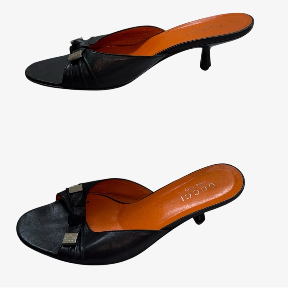 Gucci Vintage Black Leather Slide Sandals 8.B  Bow Kitten Heel Logo - Picture 2 of 7